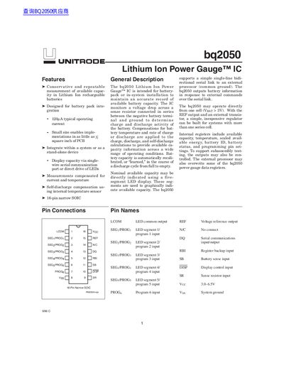 Texas Instruments bq2050 Lithium Ion Power Gauge IC Datasheet - cover page