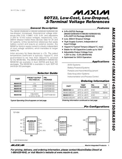 MAXIM MAX6125/MAX6141/MAX6145/MAX6150/MAX6160 SOT23 Low-Cost Low-Dropout 3-Terminal Voltage References handbook - cover page