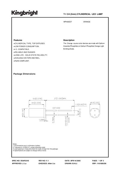 KINGBRIGHT T-1 3/4 (5mm) CYLINDRICAL LED LAMP WP483EDT Manual - cover page