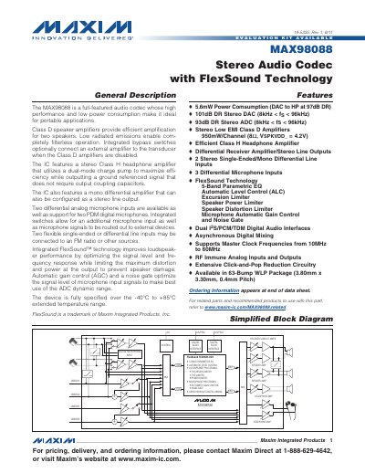 Maxim MAX98088 Stereo Audio Codec Datasheet - cover page