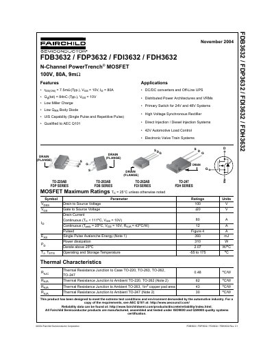 Fairchild FDB3632 / FDP3632 / FDI3632 / FDH3632 PowerTrench® MOSFET Datasheet - cover page
