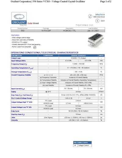 Oscilent 550 Series VCXO Datasheet - cover page