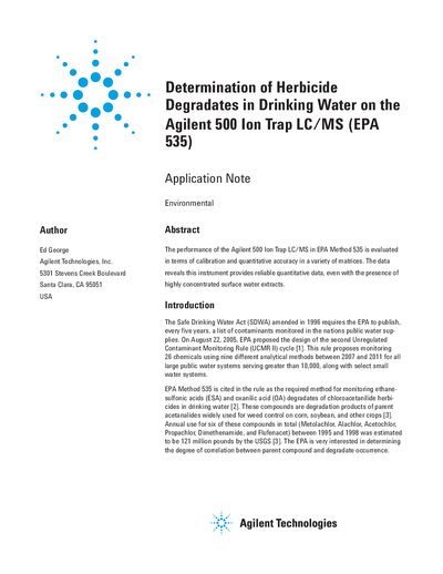 Agilent 500 Ion Trap LC/MS Application Note for EPA 535 - cover page