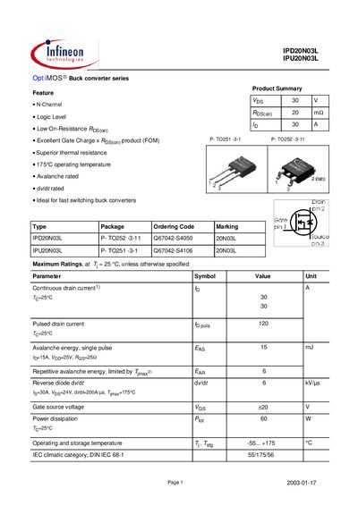 Infineon IPD20N03L and IPU20N03L Datasheet - cover page