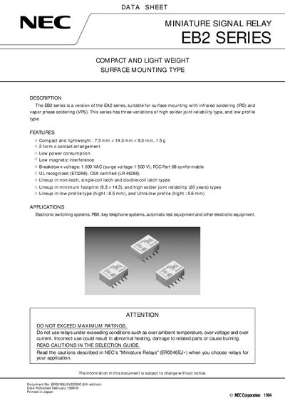 NEC EB2 Series Miniature Signal Relay Datasheet - cover page