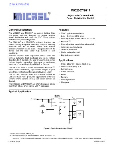 Micrel MIC2007/MIC2017 Adjustable Current Limit Power Distribution Switch Datasheet - cover page