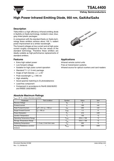 Vishay TSAL4400 High Power Infrared Emitting Diode Datasheet - cover page