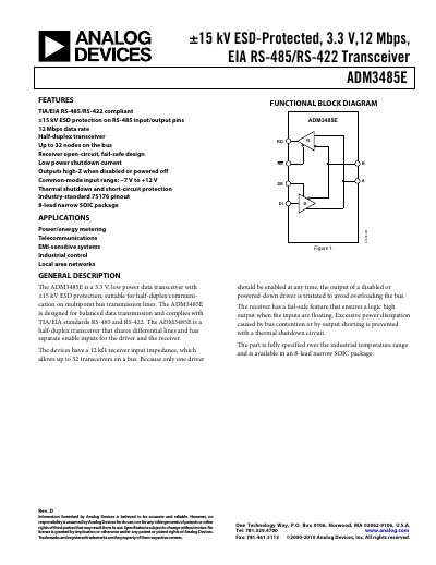 Analog Devices ADM3485E Datasheet - cover page