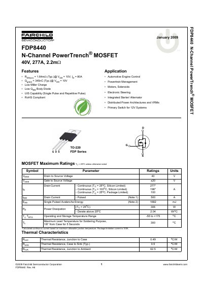 Fairchild FDP8440 N-Channel PowerTrench MOSFET Datasheet - cover page