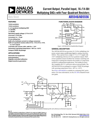 Analog Devices AD5546/AD5556 Multiplying DAC Datasheet - cover page