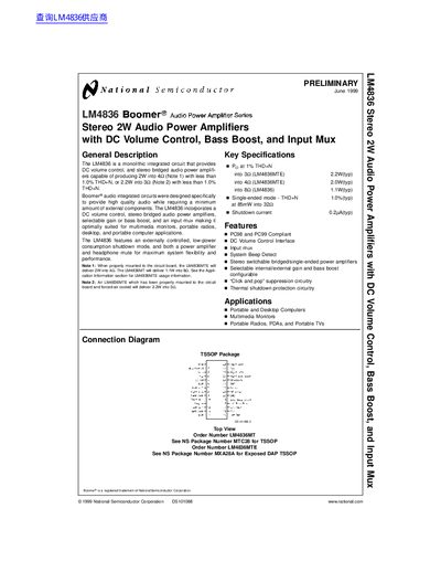 National Semiconductor LM4836 Stereo 2W Audio Power Amplifier Datasheet - cover page