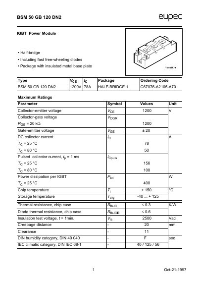 Infineon BSM 50 GB 120 DN2 IGBT Power Module Datasheet - cover page