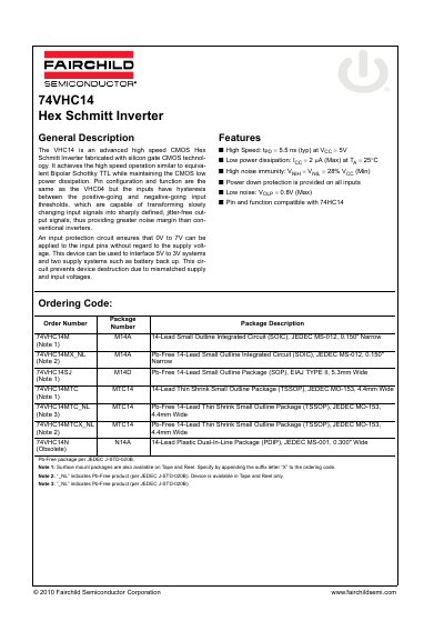 Fairchild Semiconductor 74VHC14 Hex Schmitt Inverter Datasheet - cover page