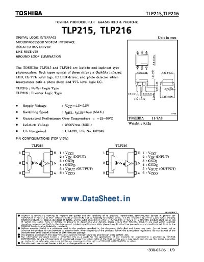 Toshiba TLP215/TLP216 Photocoupler Datasheet - cover page