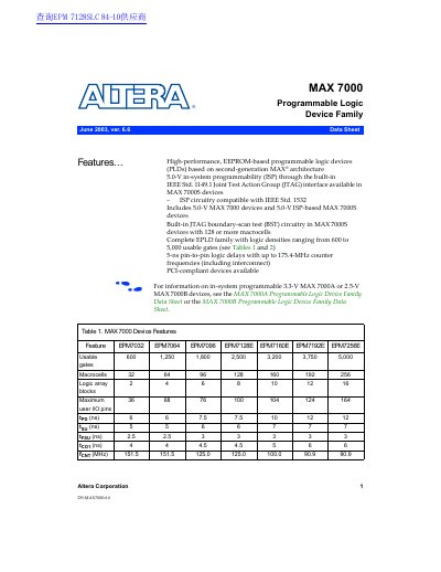 Altera MAX 7000 Programmable Logic Device Family Data Sheet - cover page