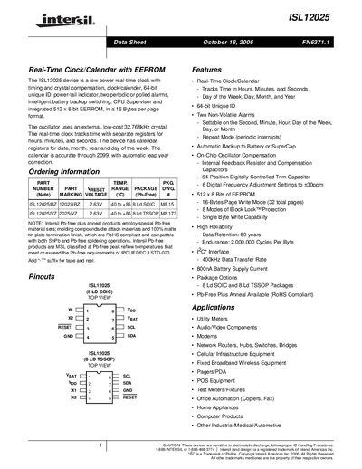 Intersil ISL12025 Real-Time Clock Datasheet - cover page