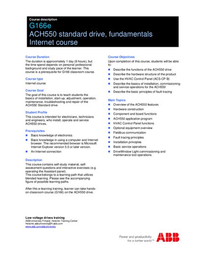 ABB G166e ACH550 standard drive fundamentals Internet course Manual - cover page