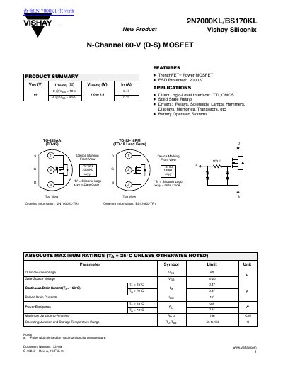 Vishay Siliconix 2N7000KL/BS170KL N-Channel MOSFET Datasheet - cover page