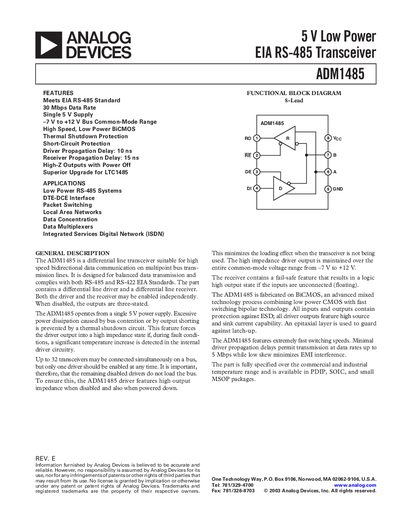 Analog Devices ADM1485 RS-485 Transceiver Datasheet - cover page
