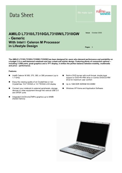 AMILO L7310/L7310G/L7310W/L7310GW - Generic With Intel&acirc; Celeron M Processor in Lifestyle Design Manual - cover page