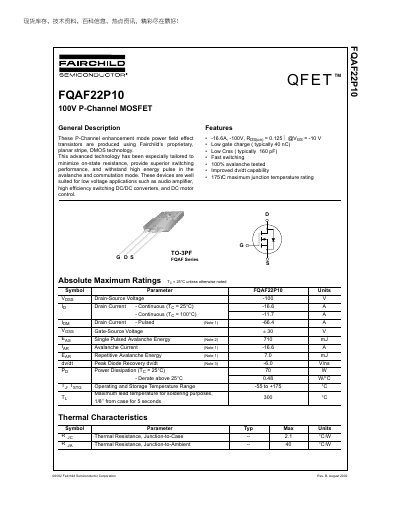 Fairchild FQAF22P10 P-Channel MOSFET Datasheet - cover page