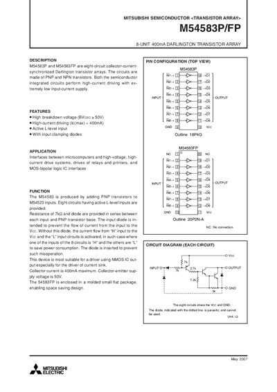Mitsubishi M54583P/FP Darlington Transistor Array Datasheet - cover page