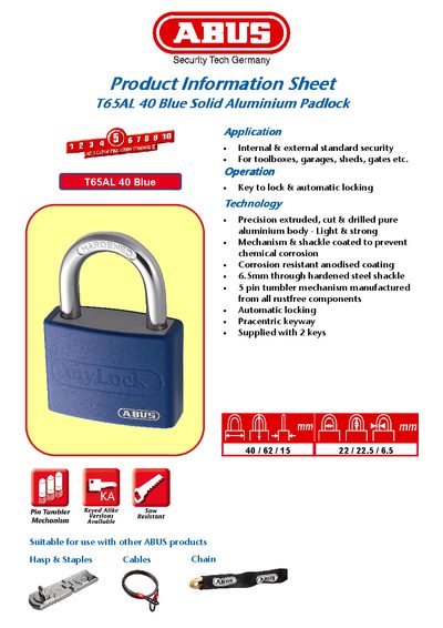 ABUS T65AL 40 Blue Solid Aluminium Padlock Product Information Sheet - cover page