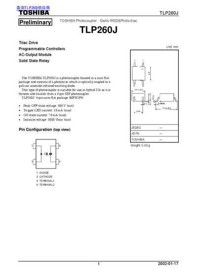 Toshiba TLP260J Photocoupler Datasheet