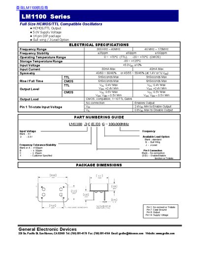 General Electronic Devices LM1100 Series HCMOS/TTL Compatible Oscillators Datasheet - cover page