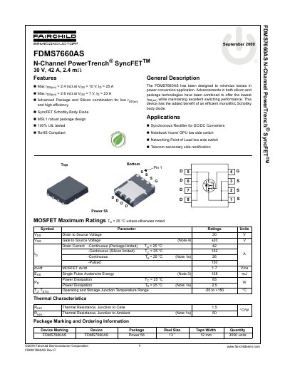 Fairchild Semiconductor FDMS7660AS N-Channel PowerTrench SyncFET Datasheet - cover page