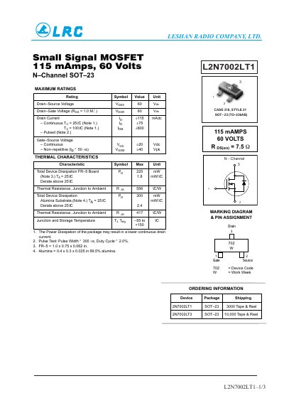 L2N7002LT1 Small Signal MOSFET 60 V 115 mA N Channel SOT 23 Manual(1) - cover page