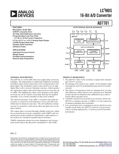 Analog Devices AD7701LC2MOS 16‑Bit A/D Converter Datasheet