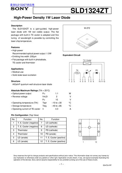 Sony SLD1324ZT Laser Diode Datasheet - cover page