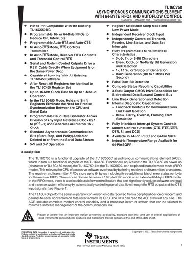 Texas Instruments TL16C750 Asynchronous Communications Element with 64-Byte FIFOs and Autoflow Control Datasheet - cover page