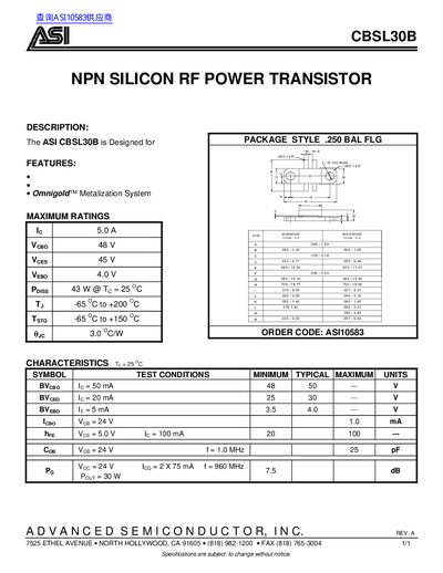 Advanced Semiconductor CBSL30B RF Power Transistor Datasheet - cover page