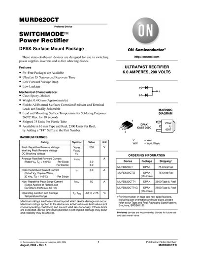 ON Semiconductor MURD620CT Power Rectifier Datasheet - cover page