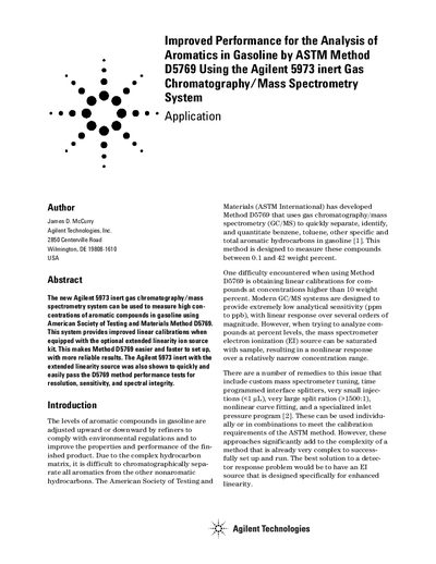 Agilent Improved Performance for the Analysis of Aromatics in Gasoline by ASTM Method D5769 Using the Agilent 5973 inert GC/MS System Manual - cover page