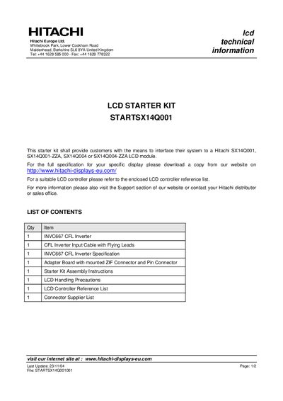 Hitachi STARTSX14Q001 LCD Starter Kit Installation Guide - cover page