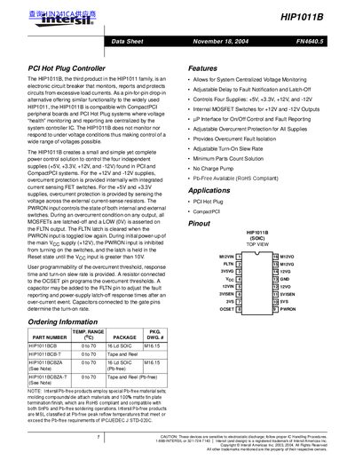 Intersil HIP1011B PCI Hot Plug Controller Datasheet