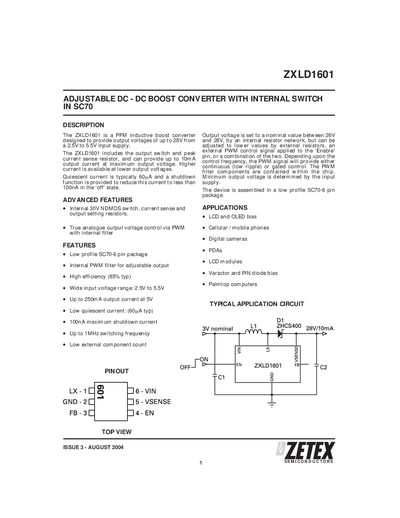 ZETEX ZXLD1601 ADJUSTABLE DC - DC BOOST CONVERTER WITH INTERNAL SWITCH IN SC70 handbook - cover page