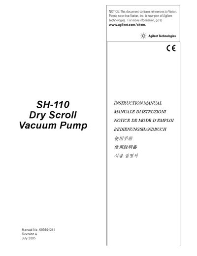 Agilent SH-110 Dry Scroll Vacuum Pump Instruction Manual - cover page