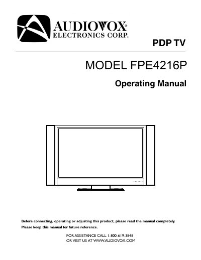Audiovox FPE4216P PDP TV Operating Manual - cover page