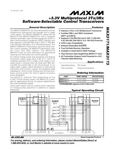 Maxim Integrated MAX3171/MAX3173 Multiprotocol Transceiver Datasheet - cover page