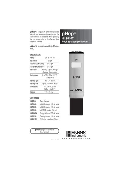 Hanna Instruments HI 98107 Pocket-sized pH Meter Instruction Manual - cover page