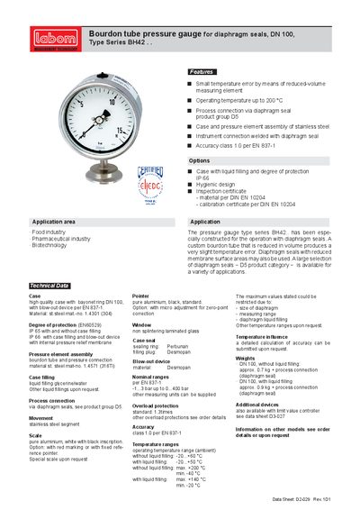 Labom BH42 Series Bourdon Tube Pressure Gauge Datasheet - cover page
