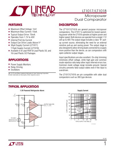 LINEAR TECHNOLOGY - LT1017/LT1018 1 10178ff TYPICAL APPLICATION DESCRIPTION Micropower Dual Comparator Manual - cover page