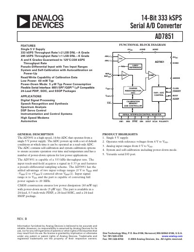 Analog Devices AD7851 14-Bit ADC Datasheet - cover page