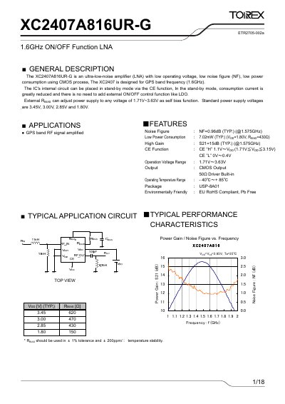 Torex XC2407A816UR-G 1.6GHz ON/OFF Function LNA Datasheet - cover page