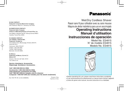 Panasonic ES4815 WetDry Cordless Shaver Operating Instructions - cover page
