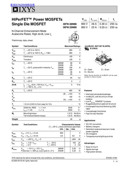 IXYS IXFN26N90 N-Channel MOSFET Preliminary Data Sheet - cover page